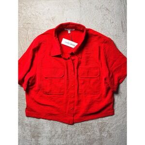 VTG Speed Limit MPH Red Cropped Short Sleeve Button Down Utility Shirt XL NWT